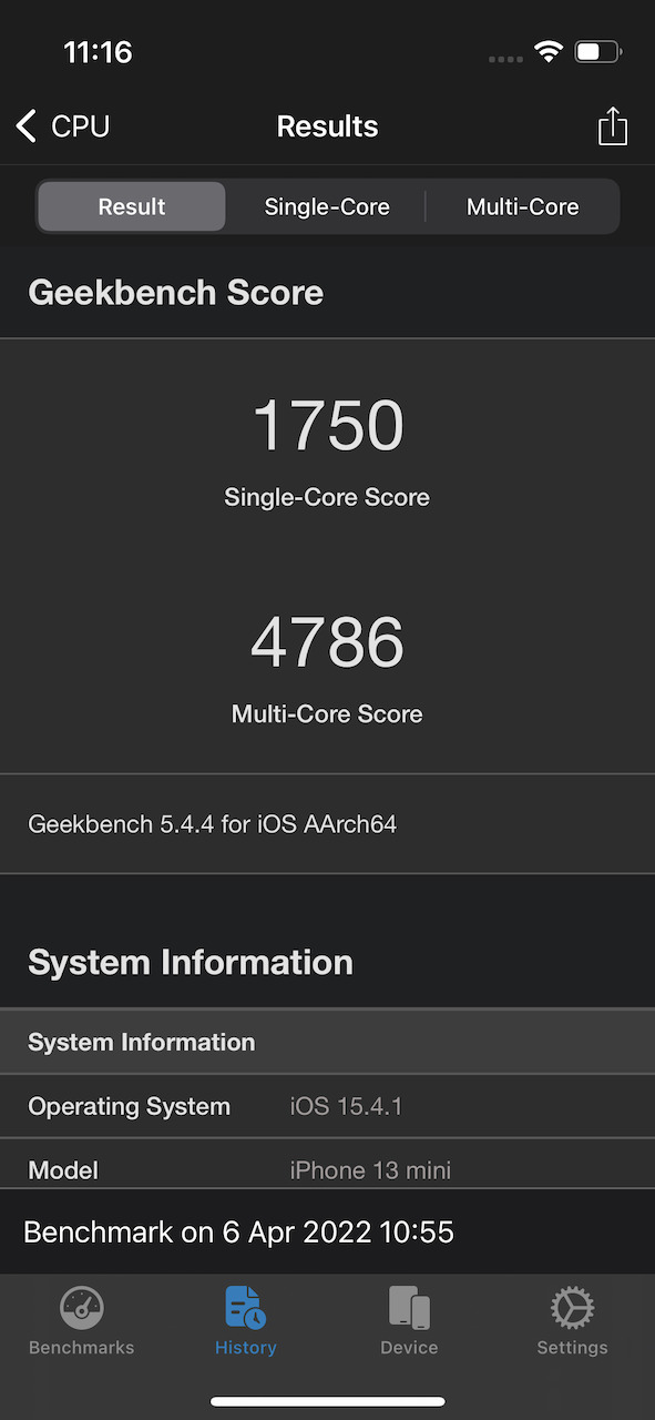 GeekBench。iPhone13 mini